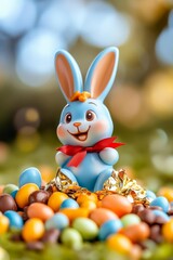 Conejo de chocolate brillante envuelto entre coloridos huevos de Pascua en una celebración primaveral