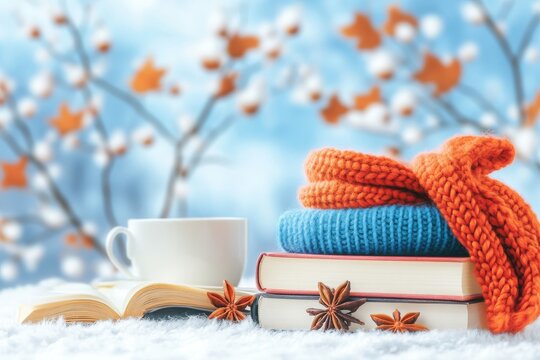 Bufanda de lana gruesa sobre libros con una taza y decoraci&oacute;n oto&ntilde;al en un ambiente acogedor