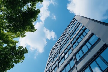 A tall building with a tree in front of it. The sky is blue and there are clouds in the background