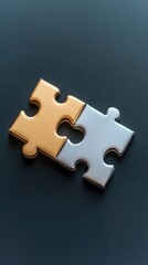 Obraz premium Two Unique Puzzle Pieces in Gold and Silver Colors on a Dark Background Representing Unity, Collaboration, and Problem Solving Concepts in Creative Projects
