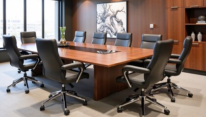 modern conference room with mocha mousse wood table and black leather chairs in professional office setting