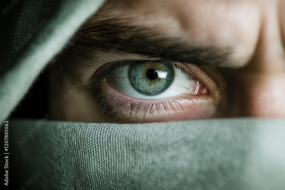Poster intense close-up of an eye with unique iris color partially hidden under a fabric veil