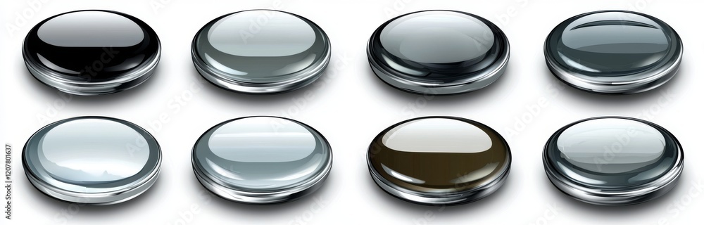 Poster a collection of gray buttons with shiny, isolated icons that include metallic chrome details, design