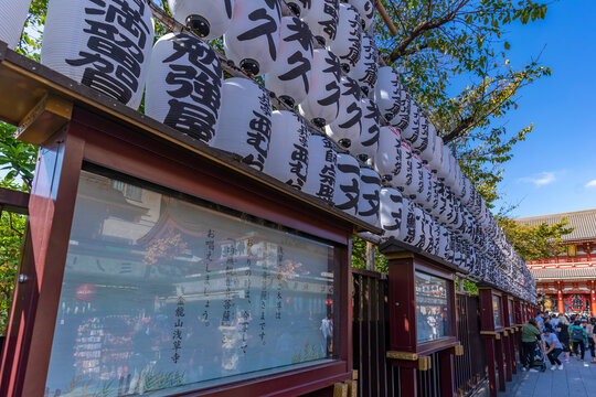 View of lanterns on Nakamise-dori Street, leading to Senso-ji Temple, Asakusa, Taito City, Tokyo, Honshu, Japan