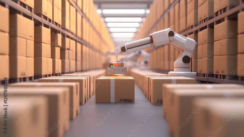 Aufkleber automated warehouse with robotic arms sorting packages for streamlined shipment coordination
