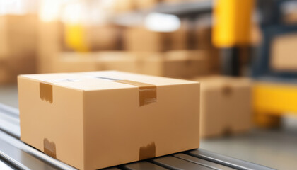 close up of cardboard box on conveyor belt in warehouse setting, symbolizing delivery and logistics. background features blurred boxes, creating sense of movement and efficiency