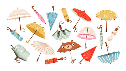 Set of various umbrellas in different positions. Portable umbrellas for travel and rainy weather adventures. Flat vector illustration.