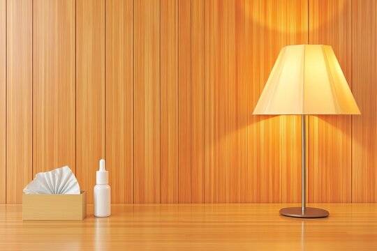 Botella gotera de colirio en una mesa iluminada junto a una caja de pa&ntilde;uelos y una l&aacute;mpara de luz suave