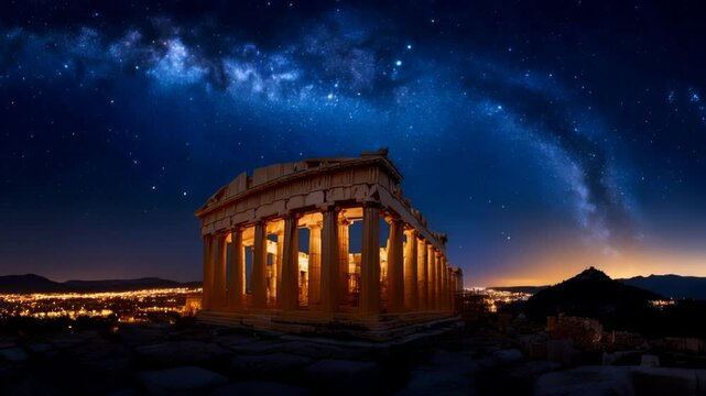 Night view of ancient Greek temple under starry sky.
