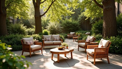 Obraz premium cozy outdoor seating area with wooden lounge furniture, cushions, and a coffee table surrounded by lush greenery under tall trees