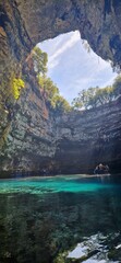 View of famous Melissani lake cave from inside, Kefalonia Greece 