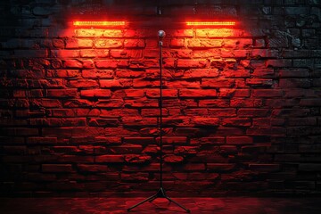 A stage set for an open mic comedy event, with a brick wall and red curtains, intended for a stand-up comedy show poster, centered around a microphone stand.