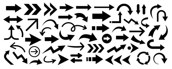 Arrow flat icons vector set. Black direction pointers silhouettes. Various arrows signs isolated on white background. Navigation symbols and directional icons