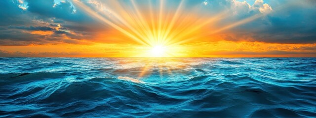 Stunning Sunrise Over Ocean Waves with Radiant Sun Rays Illuminating Sky and Reflecting on Water, Capturing the Beauty of Nature and Tranquility of a New Dawn