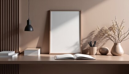 minimalistic workspace with mocha mousse desk, open book, and decorative items in sunlight-filled interior