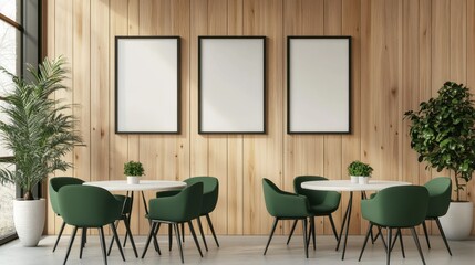 A modern cafe featuring green chairs, wooden wall panels, three empty frames, and white tables against a light background.