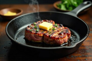 Fototapeta premium Cast iron pan sizzling with T bone steak and melted butter, cookware, cooking