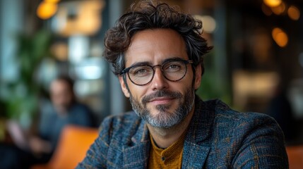 Fototapeta premium Portrait of a Confident Man with Glasses in a Modern Cafe Setting, Smiling Warmly