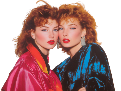 Vintage 80s Style Portrait of Twin Models with Bold Red Lips, Neon Jackets, and Glamorous Earrings, Retro Fashion, Twin Beauty, Glam Look, and Iconic 80s Aesthetic. PNG on transparent background.