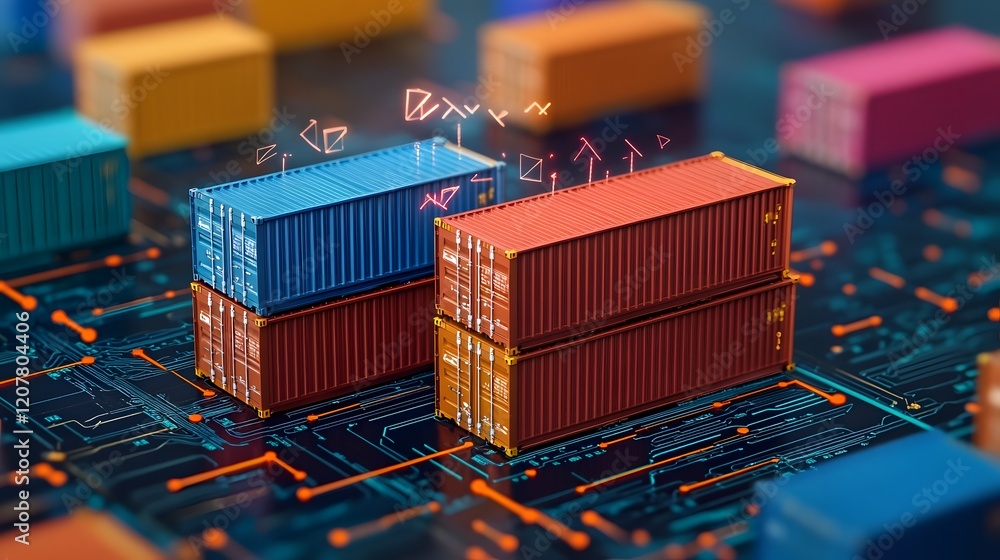 Poster cargo containers connected by arrows visualizing shipment coordination,3d