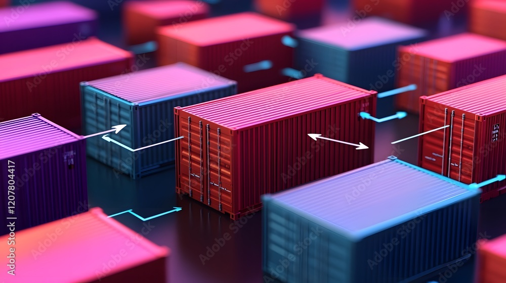 Poster cargo containers connected by arrows visualizing shipment coordination 3d