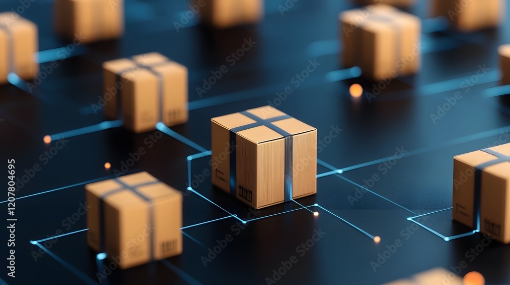 Poster simplified cargo boxes linked by digital nodes,shipment flow concept in 3d
