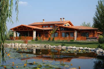 Naklejka premium A beautiful wooden house with a tiled roof, surrounded by lush greenery and a tranquil pond, reflecting a serene natural environment.