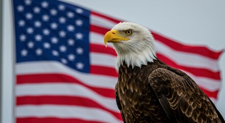 A symbol of freedom, a bald eagle perched in front of the American flag, radiating strength.
