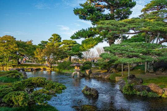 View of Japanese stone lantern in Kenrokumachi Japanese Garden, Kanazawa City, Ishikawa Prefecture, Honshu, Japan