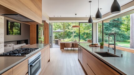 A modern home kitchen featuring a sleek bar counter, a fridge, and a large window, with an empty wall that offers flexibility for customization.
