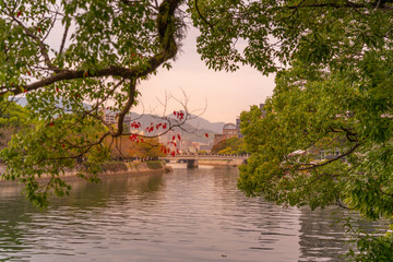 View of the skeletal ruins of the A-Bomb Dome, Hypocenter, Hiroshima Peace Memorial, UNESCO, Hiroshima, Honshu, Japan