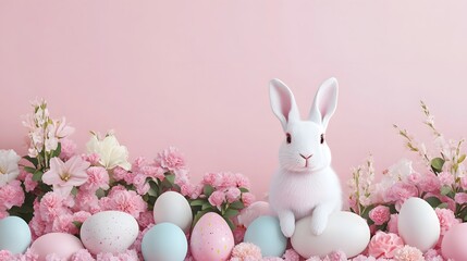 Fototapeta premium Enchanting Spring Floral and Rabbit Scene with Easter Eggs in Pastel Colors