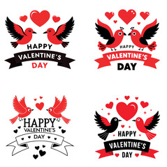 Set of Valentine's Day Lovebirds with Hearts and Ribbon Banners - Romantic Vector Designs