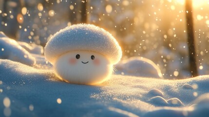 Obraz premium Adorable and whimsical snowman character standing in a snowy winter landscape surrounded by glistening snow flurries and a magical cozy atmosphere perfect for the festive holiday season
