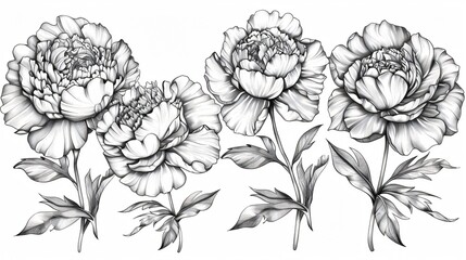 Elegant Vintage Floral Arrangement with Four Peonies and Carnation Flowers on Black Background