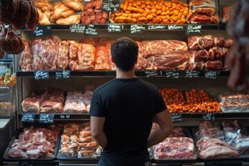 Man browsing fresh meat selection at local market during afternoon shopping