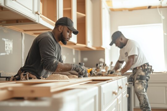 Two African American carpenters working diligently to renovate a kitchen, focusing on precise measurements and woodworking techniques to enhance the aesthetic appeal and functionality
