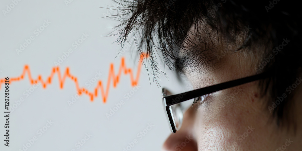 Poster close-up of person viewing orange line graph