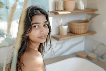 Naklejka premium Natural beauty of a serene woman in a bright, boho-inspired bathroom with soft light.
