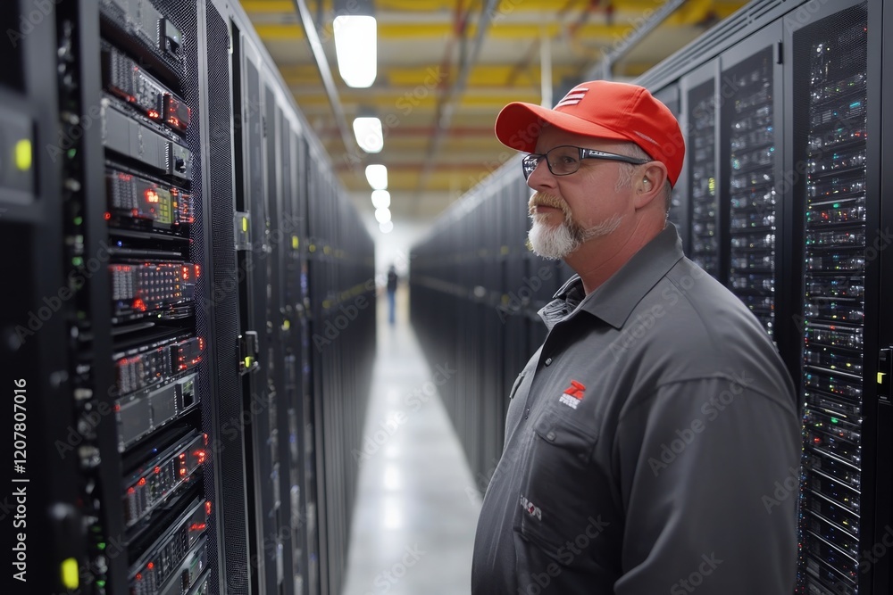 Poster professional observing server racks in a high-tech data center during evening hours