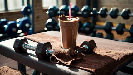 Shaker with chocolate colored protein shake on gym bench next to towel