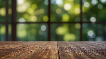 Empty wood table with blur window on green bokeh background. Generative AI