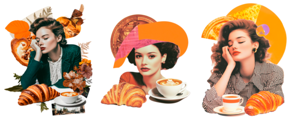 Vintage-inspired cozy coffee and croissant collage with a relaxing, autumnal atmosphere. A chic artistic mix of coffee, croissants, and stylish women in a warm color palette. PNG. 