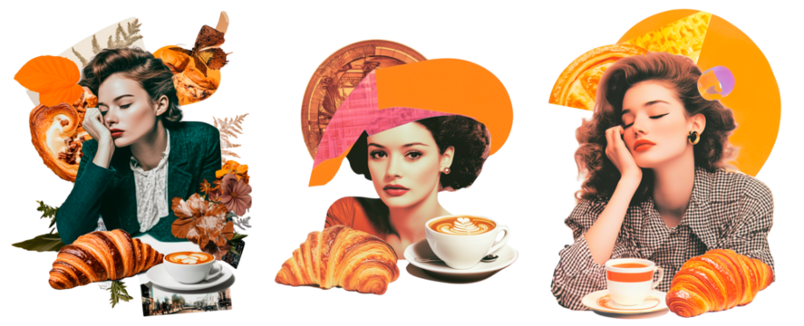 Vintage-inspired cozy coffee and croissant collage with a relaxing, autumnal atmosphere. A chic artistic mix of coffee, croissants, and stylish women in a warm color palette. PNG. 
