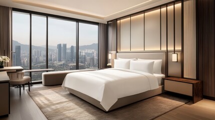 A modern hotel bedroom interior featuring a comfortable bed and a designated workspace, complemented by a panoramic window offering expansive views.