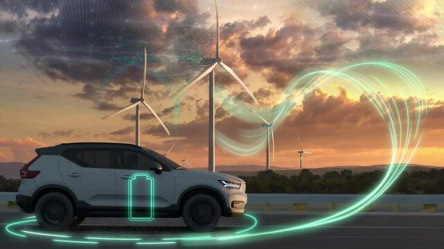 Electric car drives along a windmills. 3d vfx animation of electric vehicle charging batteries from wind turbines. Modern technologies in the field of renewable electricity