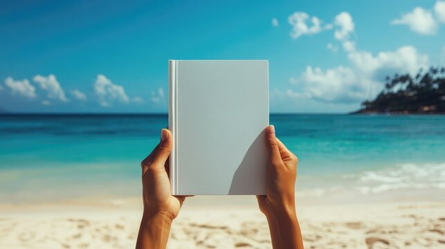 People hands holding a white book mock-up with copy space in front of a beautiful beach , woman read a book on the beach in summer concept image