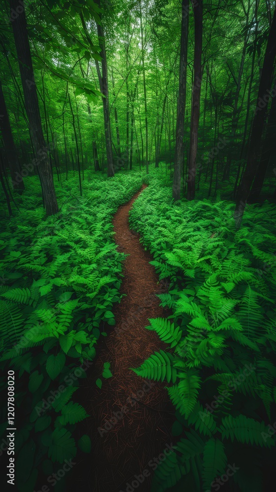 Poster a winding path through a lush green forest, surrounded by dense foliage and towering trees, creating
