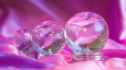 Three iridescent crystal balls on a pink satin fabric, magical and dreamy scene
