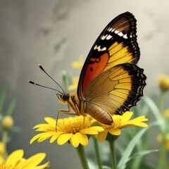 Obraz premium Close-up of a butterfly's body landing on a bright yellow flower, nature, insect, landing